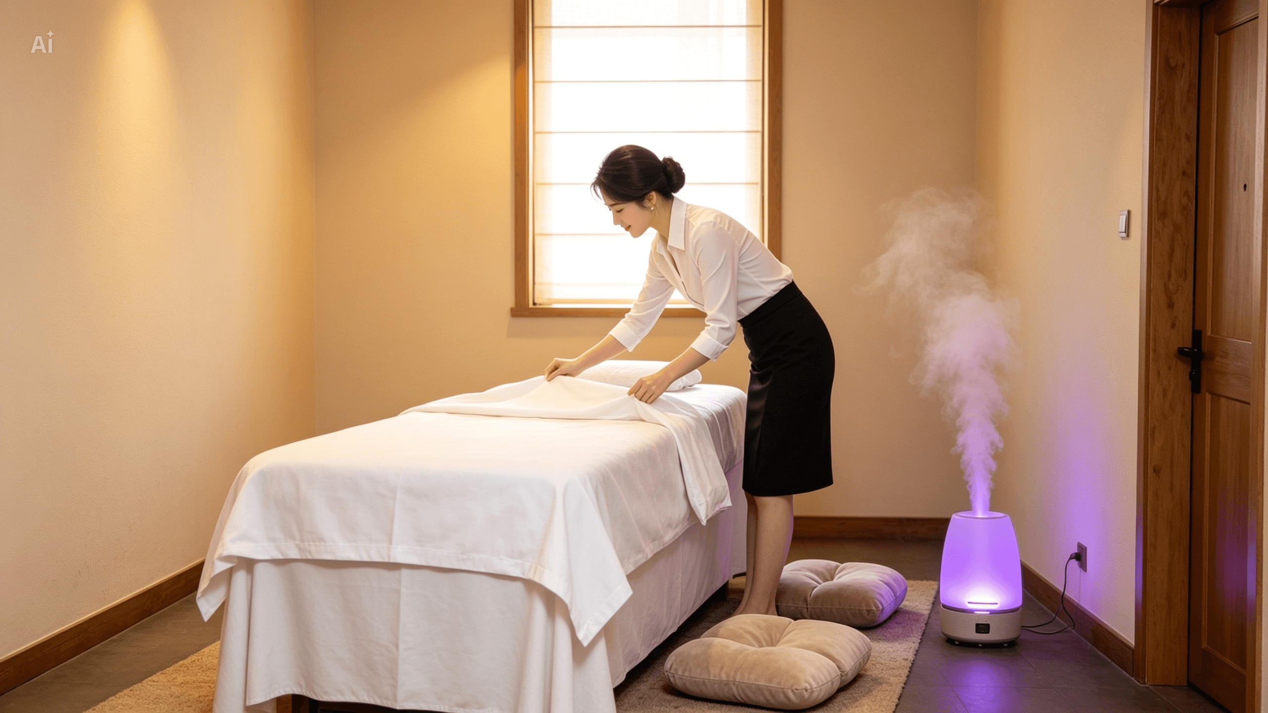 Therapist preparing an in-room Swedish massage setup for a Haeundae hotel guest
